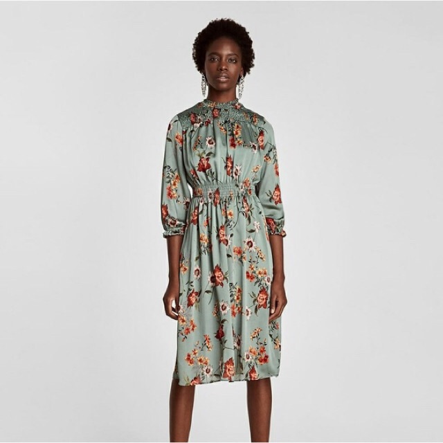 Zara Prairie Green Orange Floral Print Mock Neck Half Sleeve Smock Midi Dress